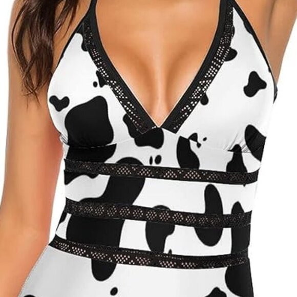Black and White Dalmatian One Piece Swimsuits for Women High Waist - Picture 4 of 14